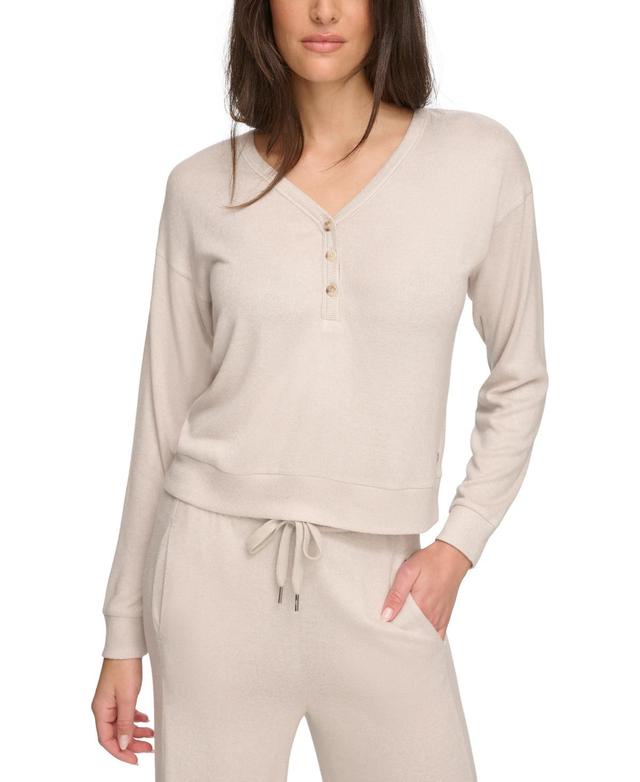 Andrew Marc Sport Hacci Solid Knit V-Neck Long Sleeve Half Button Front Coordinating Boxy Top Product Image