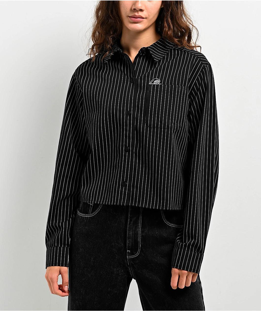 Lurking Class By Sketchy Tank Lurker Stripe Black & White Long Sleeve Crop Button Up Shirt Product Image