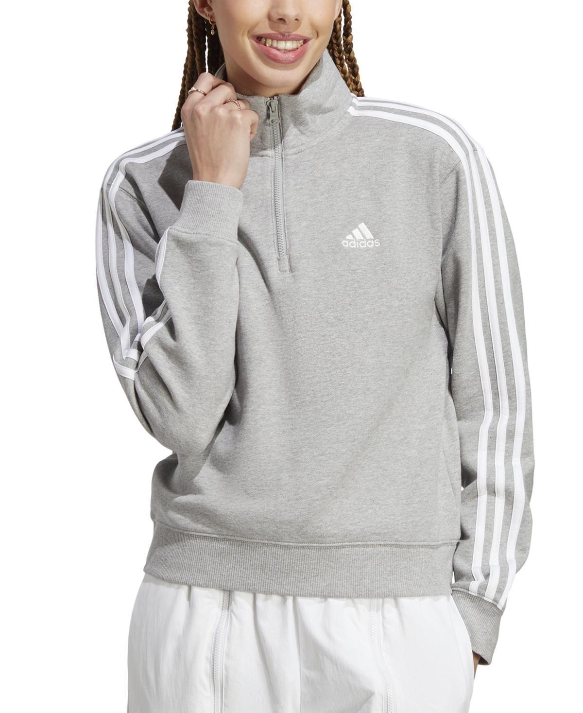 adidas Essentials 3-Stripes French Terry 1/4 Zip (Medium Grey Heather/White) Women's Clothing Product Image