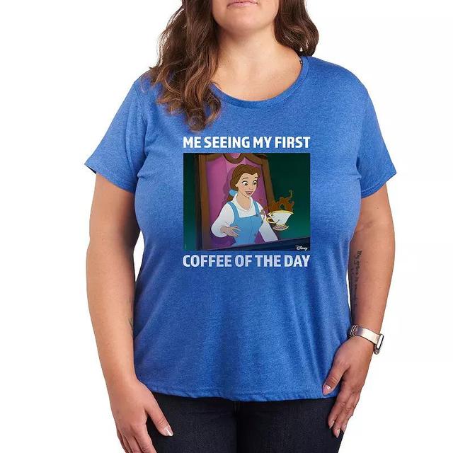 Disney Princess Belle Plus First Coffee Of The Day Meme Graphic Tee, Womens Grey Royal Blue Product Image