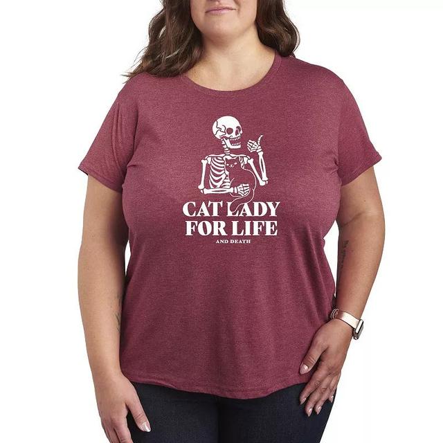 Plus Size Cat Lady For Life Skeleton Graphic Tee, Womens Grey Dark Red Product Image