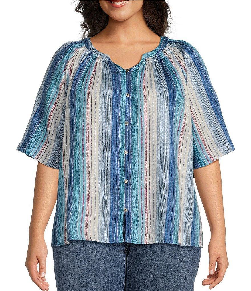 Westbound Plus Size Woven Short Sleeve Y-Neck Flutter Button Front Top Product Image