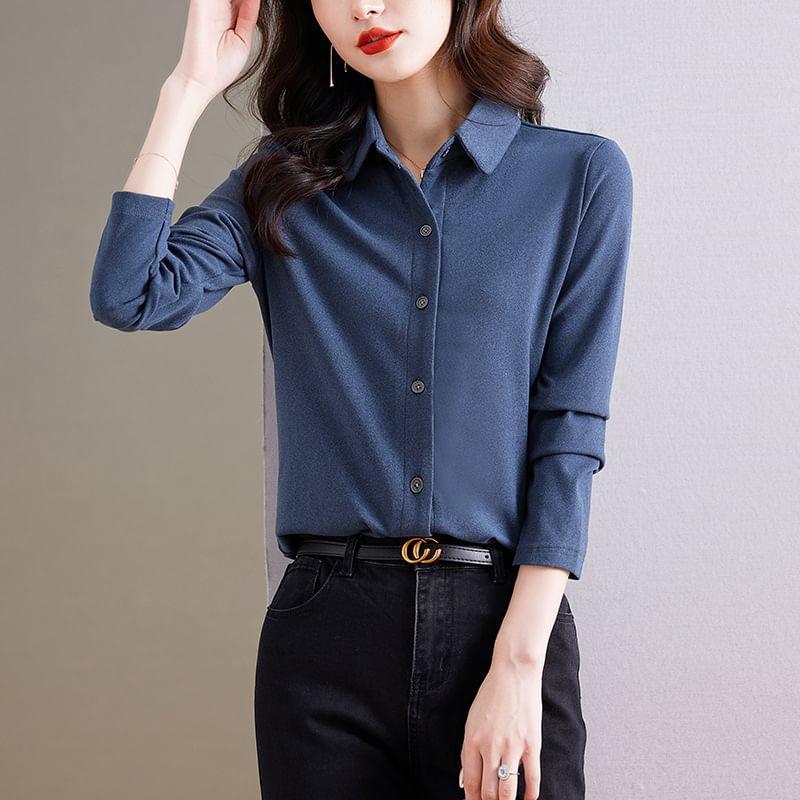 Long-Sleeve Velvet Plain Shirt Product Image