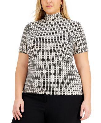 Anne Klein Plus Size Printed Mock-Neck Top - Anne Black Product Image