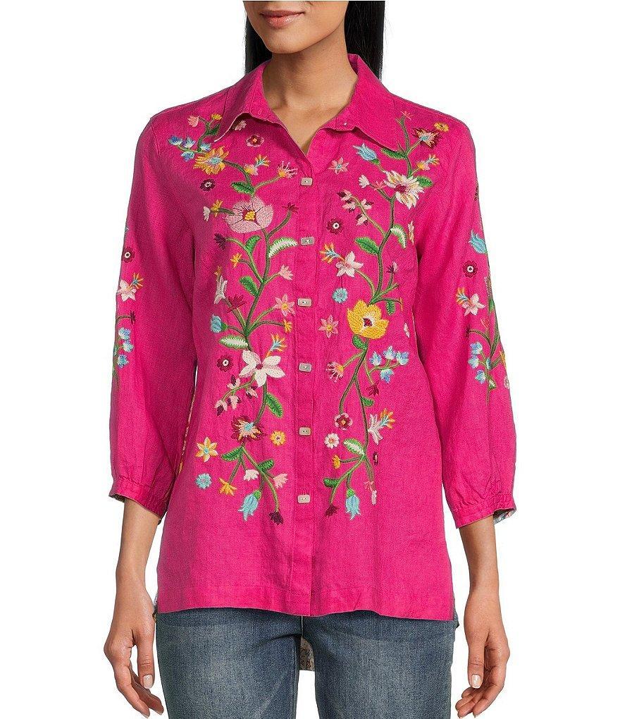 John Mark Petite Size Embroidered Point Collar 3/4 Sleeve Button Front Tunic Product Image