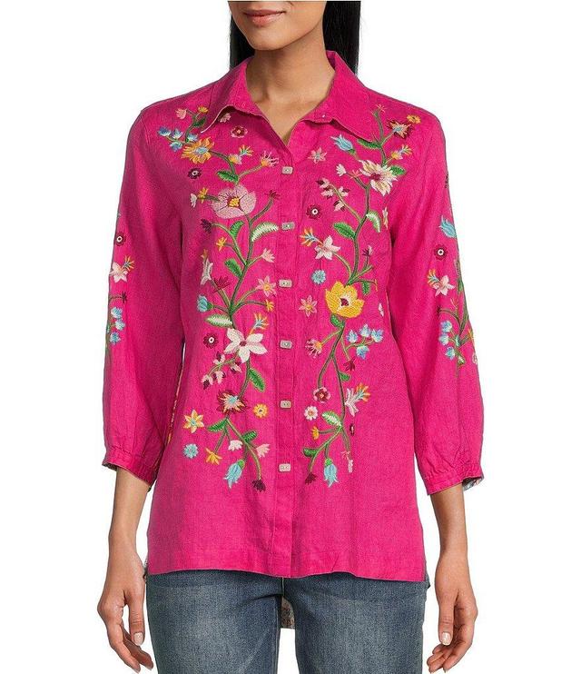 John Mark Embroidered Point Collar 3/4 Sleeve Button Front Tunic Product Image