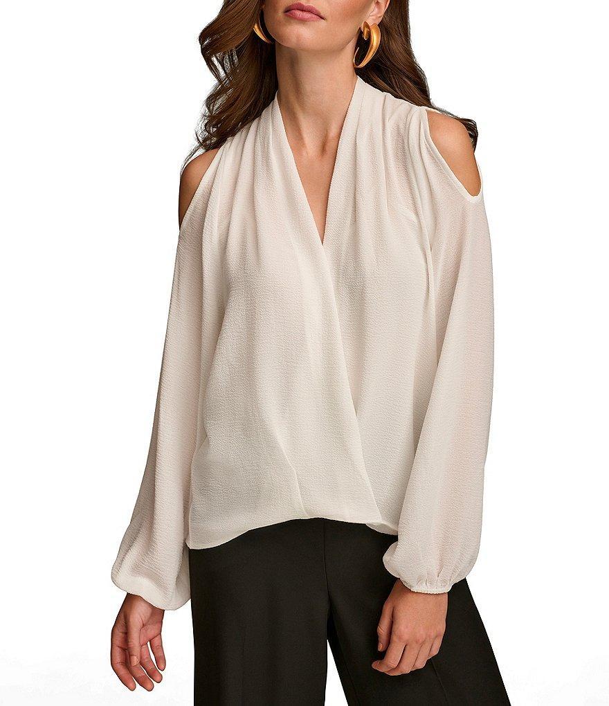 Donna Karan Textured Georgette Cold Shoulder Long Sleeve Faux Wrap Blouse Product Image