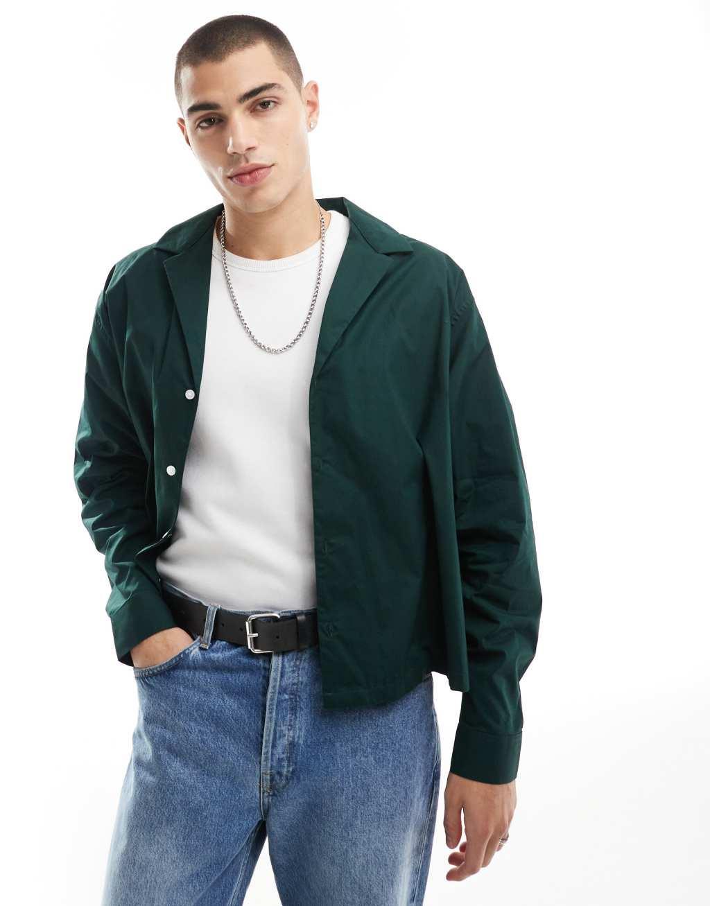 ASOS DESIGN boxy oversized poplin shirt with deep revere collar in dark green Product Image