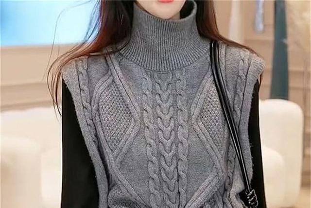 High Neck Plain Cable Knit Sweater Vest Product Image