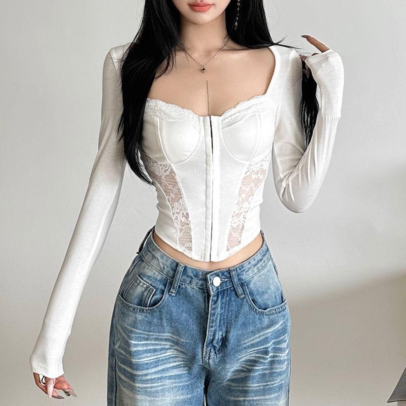 Long Sleeve Square Neck Plain Lace Trim Crop Top Product Image