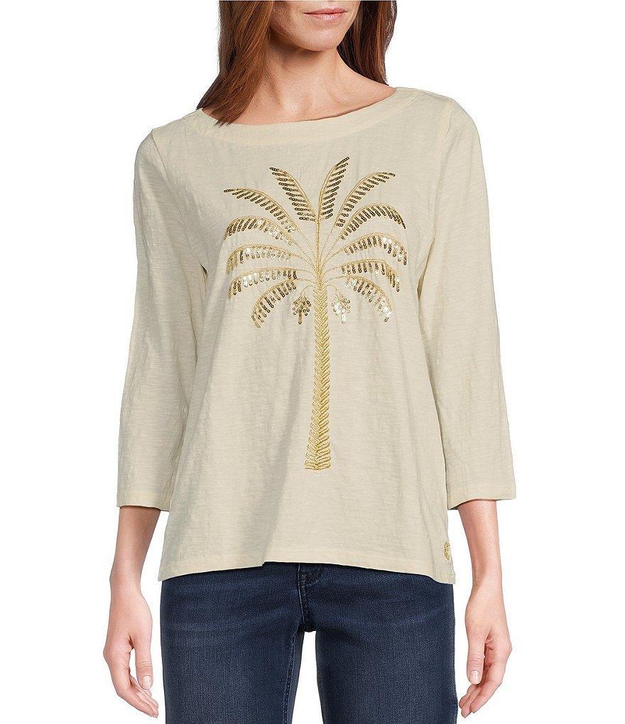 Tommy Bahama Puerta Del Sol Lux Slub Jersey Knit Sequin Palm Tree Boat Neck 3/4 Sleeve Top Product Image