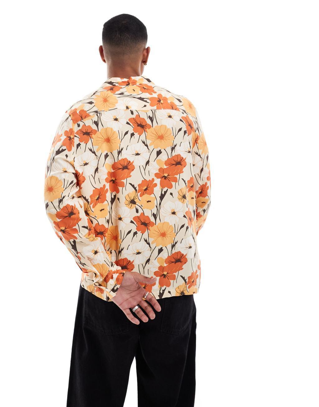 ASOS DESIGN relaxed revere shirt with retro floral print in orange  Product Image