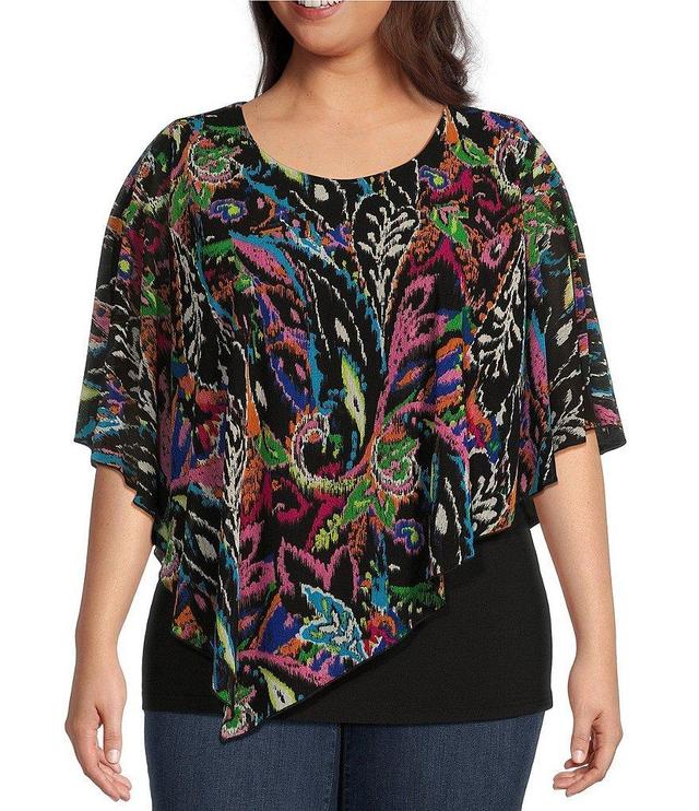 Calessa Plus Size Knit Mesh Abstract Print Crew Neck Short Sleeve Asymmetrical Hem Double Layered Top Product Image