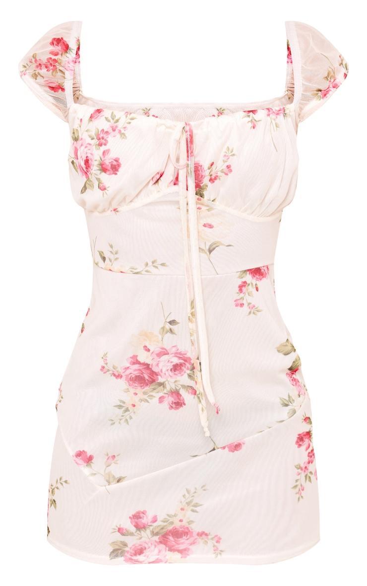 Cream Floral Mesh Cap Sleeve Mini Dress Product Image