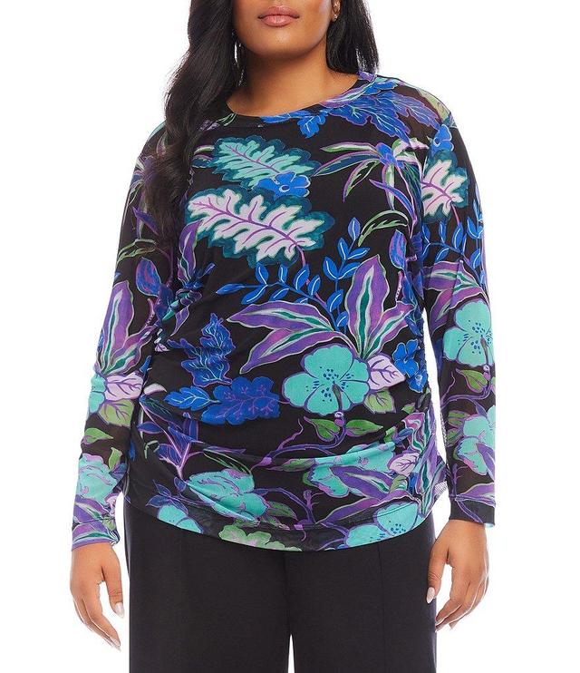 Karen Kane Plus Size Tropical Print Crew Neck Long Sleeve Side-Shirred Mesh Top Product Image