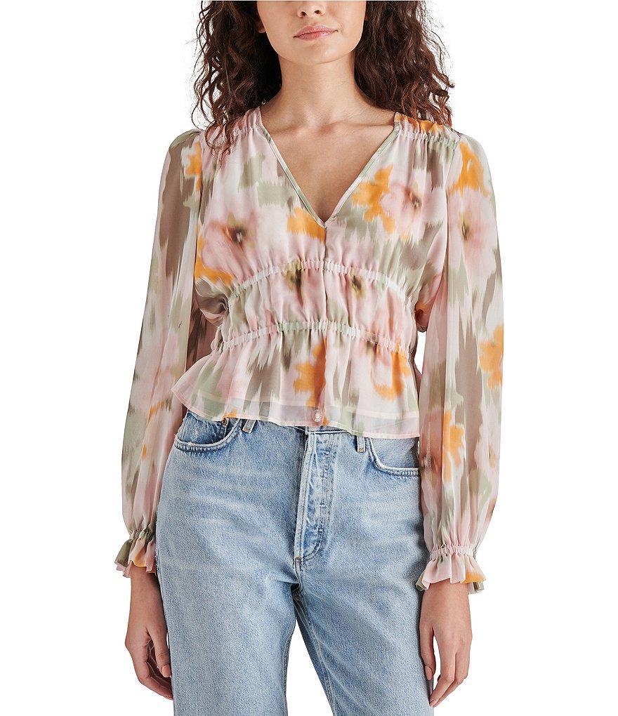 Steve Madden Ardenne Floral Print Chiffon V-Neck Long Sleeve Top Product Image