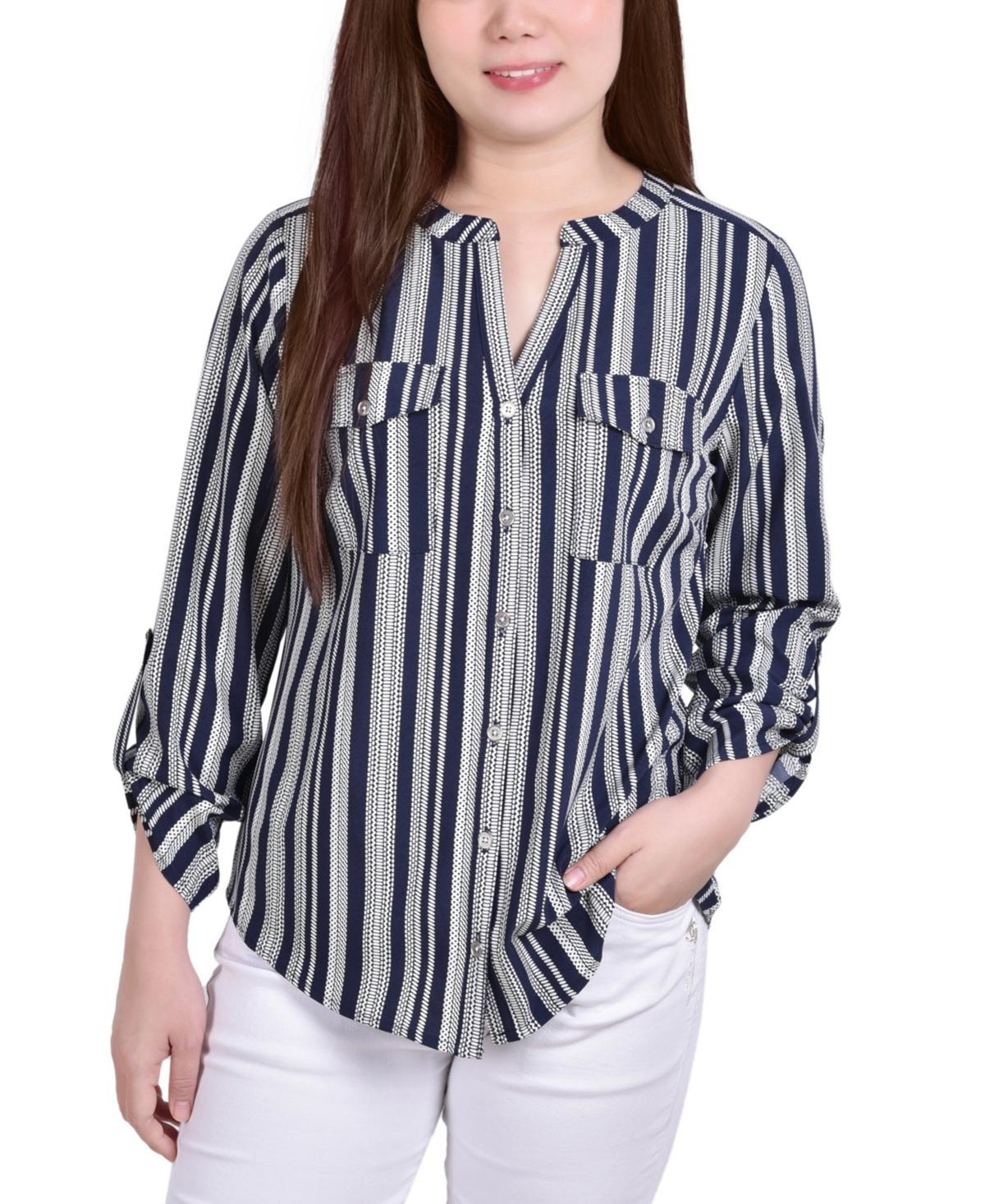 Petite 3/4 Sleeve Roll Tab Y Neck Blouse Product Image