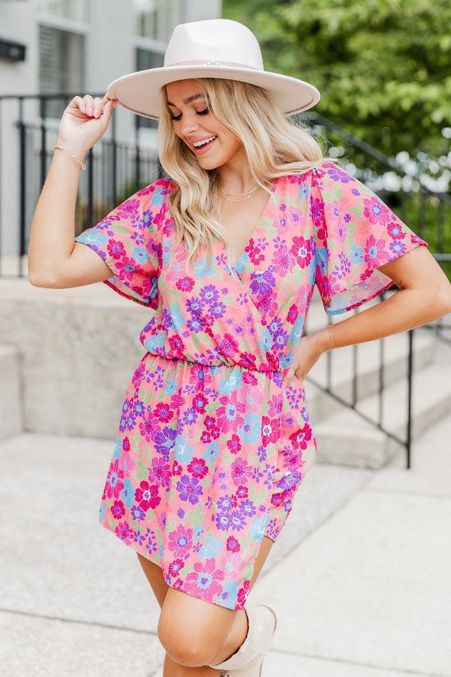 There's No Doubt Pink Multi Floral Wrap Romper FINAL SALE Product Image