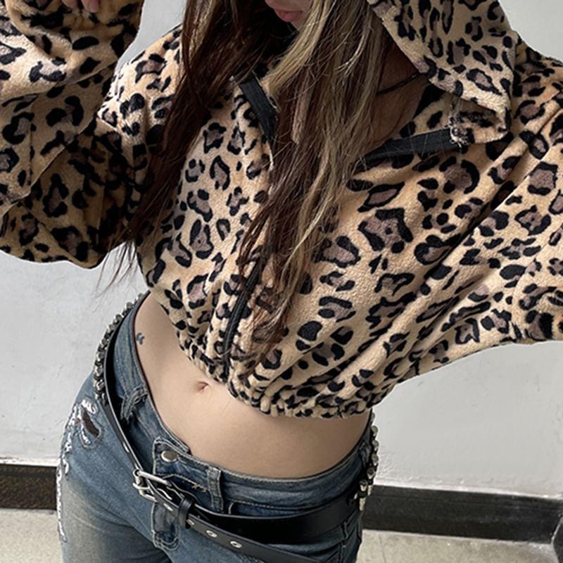 Leopard Print Zip Cropped Hoodie Product Image