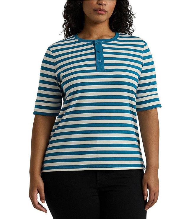 Lauren Ralph Lauren Plus Size Stretch Yarn-Dye Striped Contrast Trim Crew Neck Elbow Sleeve Henley Tee Product Image