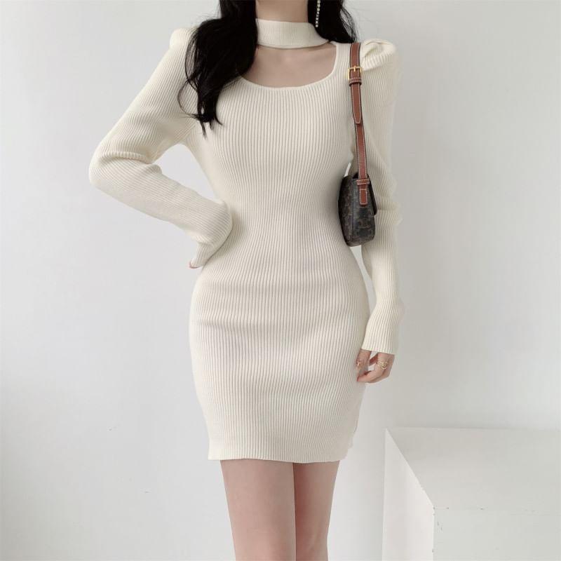 Long-Sleeve Mock Neck Plain Cutout Ribbed Mini Sheath Knit Dress Product Image