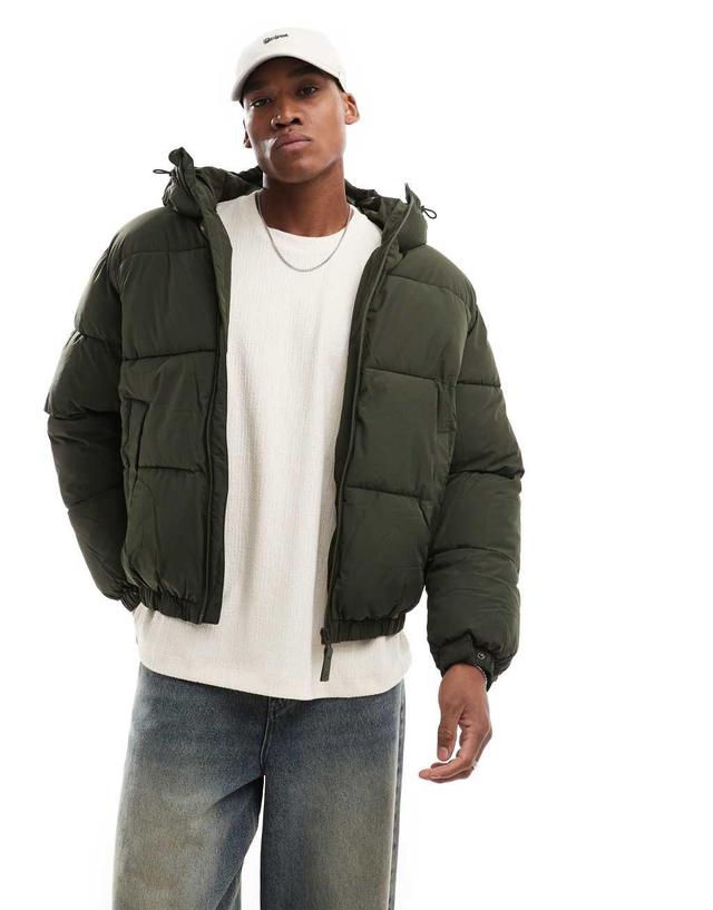 Bershka puffer jacket with hood in khaki  Product Image