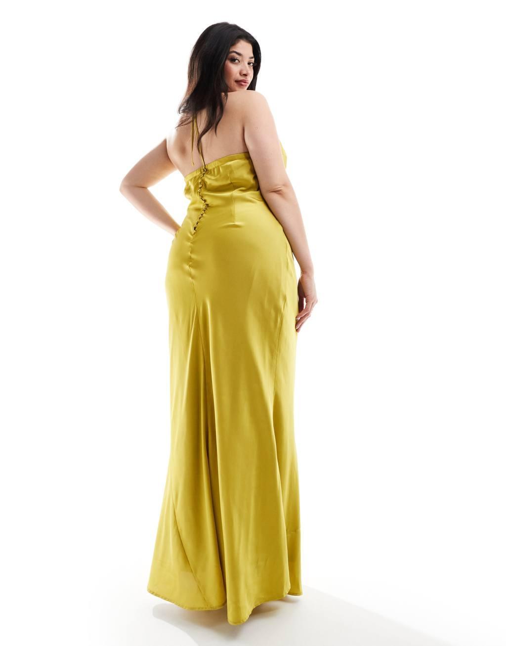 TFNC Bridesmaids Plus satin maxi dress with tie back and button detail in lime Product Image