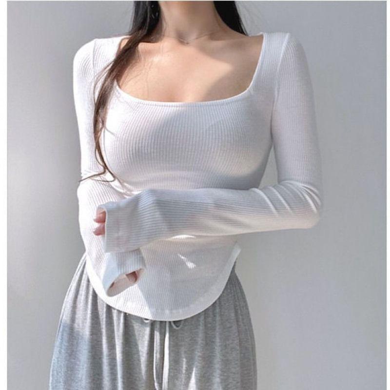 Long Sleeve Square Neck Plain T-Shirt Product Image