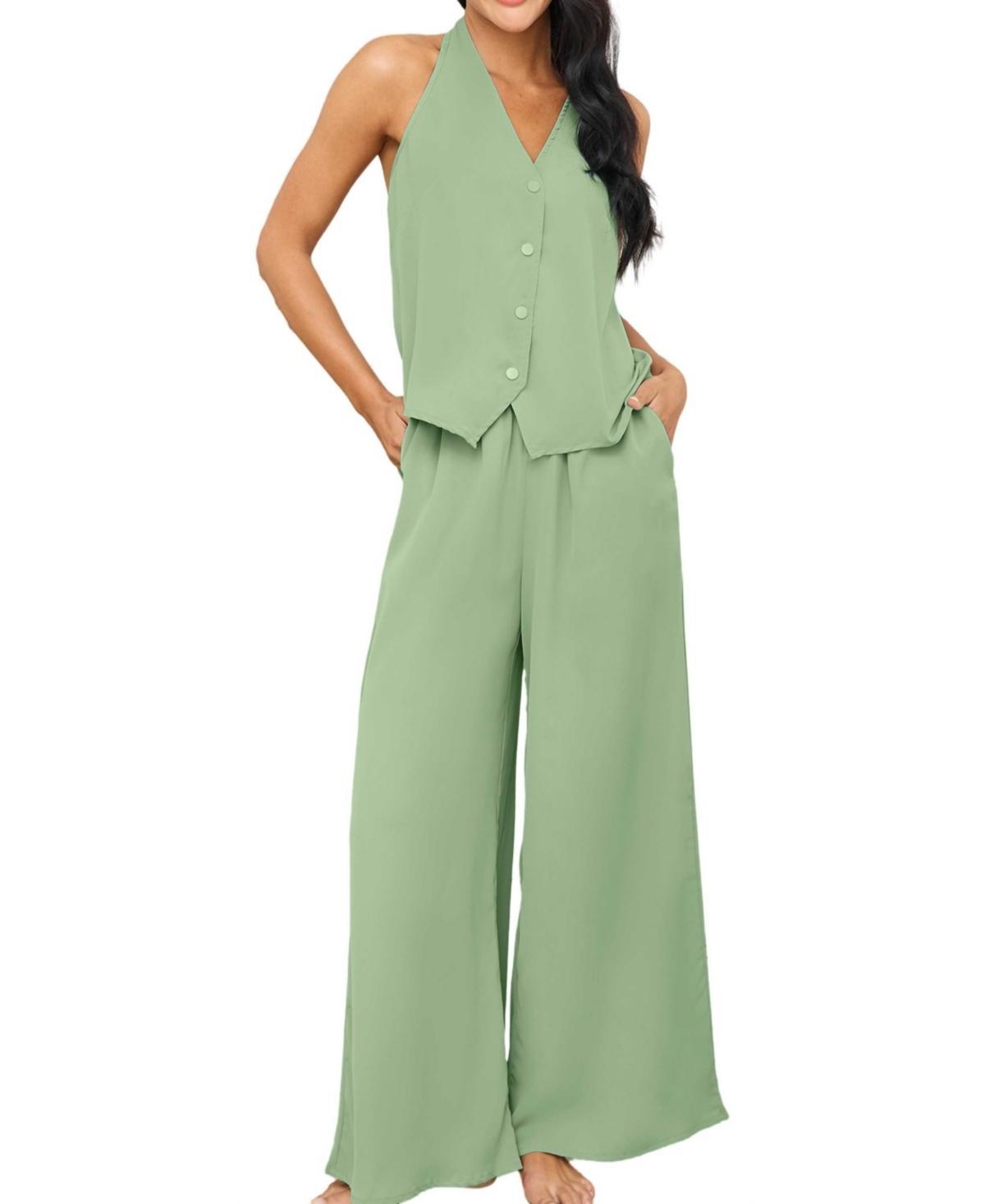 Cupshe Womens Mint Sleeveless Front Button Halterneck & Straight Leg Pants Set - Light Product Image