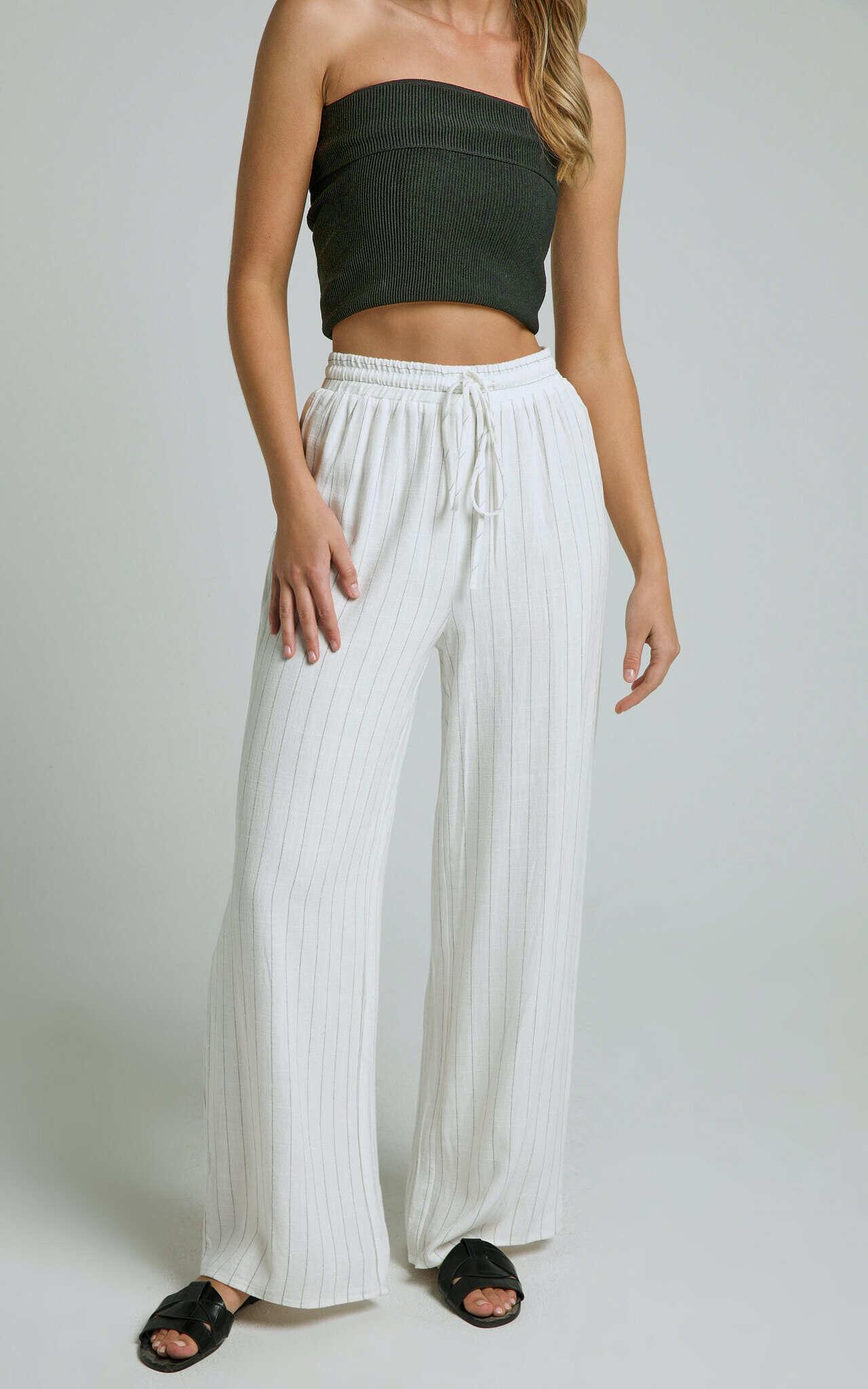 Barbra Pants - Pinstripe Linen Look High Waisted Relaxed Pants in White Stripe Product Image