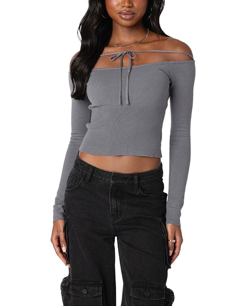 EDIKTED Jane Tie Front Off the Shoulder Long Sleeve Crop Top Product Image