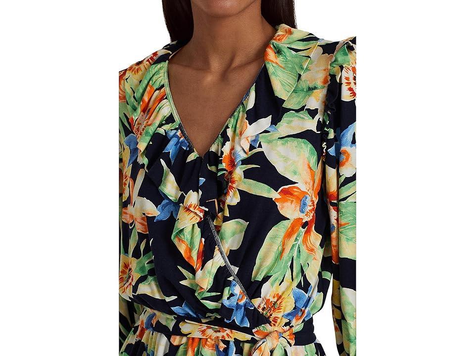 LAUREN Ralph Lauren Petite Floral Jersey Belted Peplum Top (Navy Multi) Women's Clothing Product Image