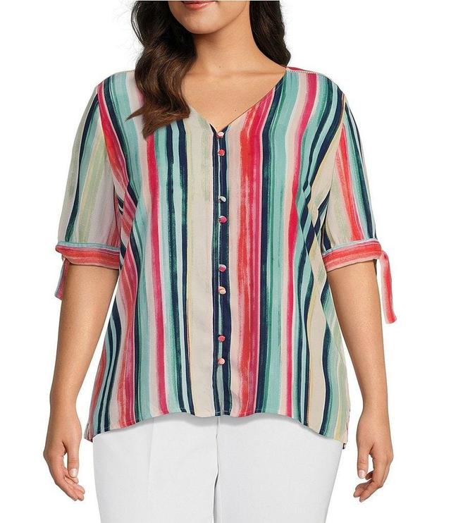 Investments Plus Size Sorbet Stripe Print Woven V-Neck 3/4 Tie Sleeve Top Product Image