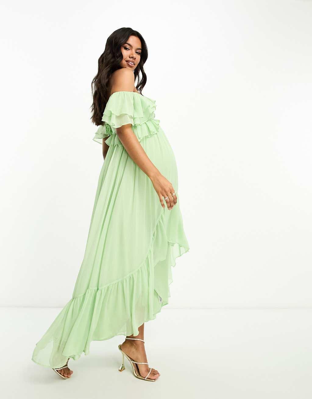 ASOS DESIGN Maternity ruffle cut out off the shoulder maxi dress with hi low hem Product Image