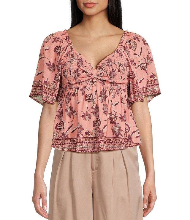 Coco + Jaimeson Floral Print Short Sleeve Knot Front Smocked Babydoll Top Product Image