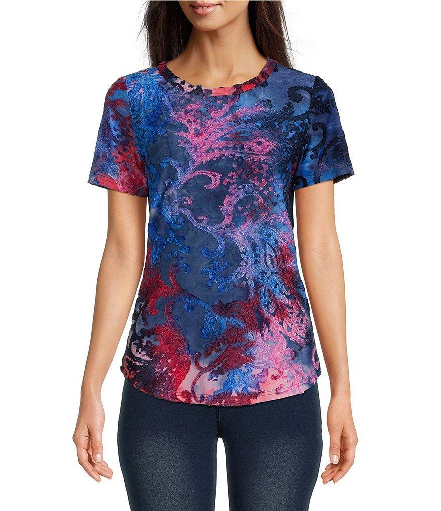 Calessa Abstract Paisley Tie Dye Print Jacquard Burnout Knit Crew Neck Short Sleeve Shirt Product Image