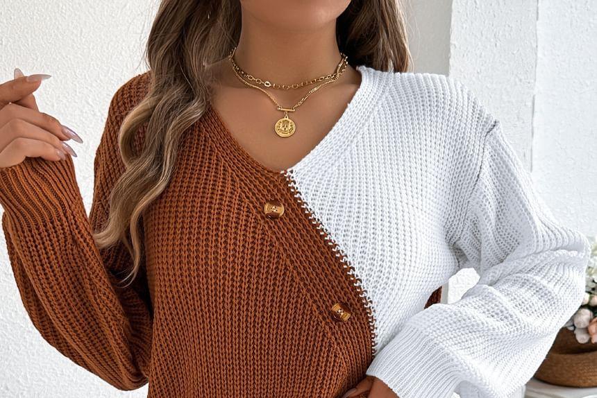 V-Neck Two Tone Button Accent Sweater Product Image