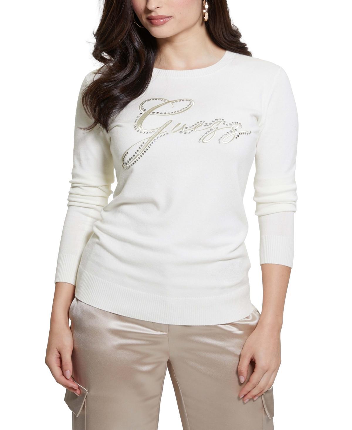 Guess Womens Olive Embellished Logo Long-Sleeve Sweater Product Image