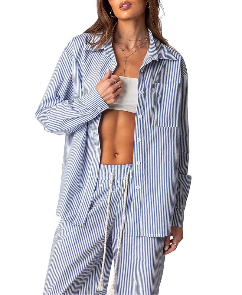 EDIKTED Pinstripe Oversize Button-Up Blouse Product Image