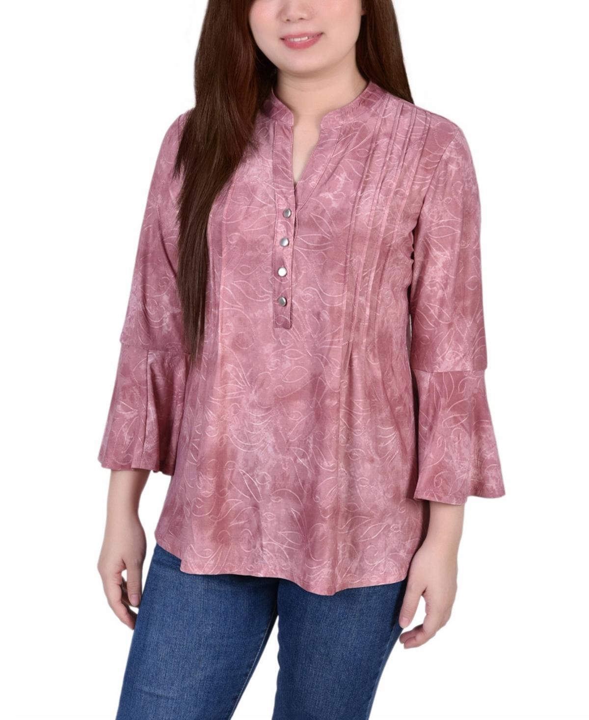 Ny Collection Petite 3/4 Bell Sleeve Printed Pleat Front Y-neck Top Product Image