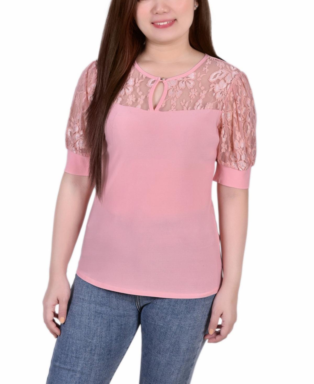 Womens Short Puff Sleeve Top with Lace Sleeves and Yoke Product Image