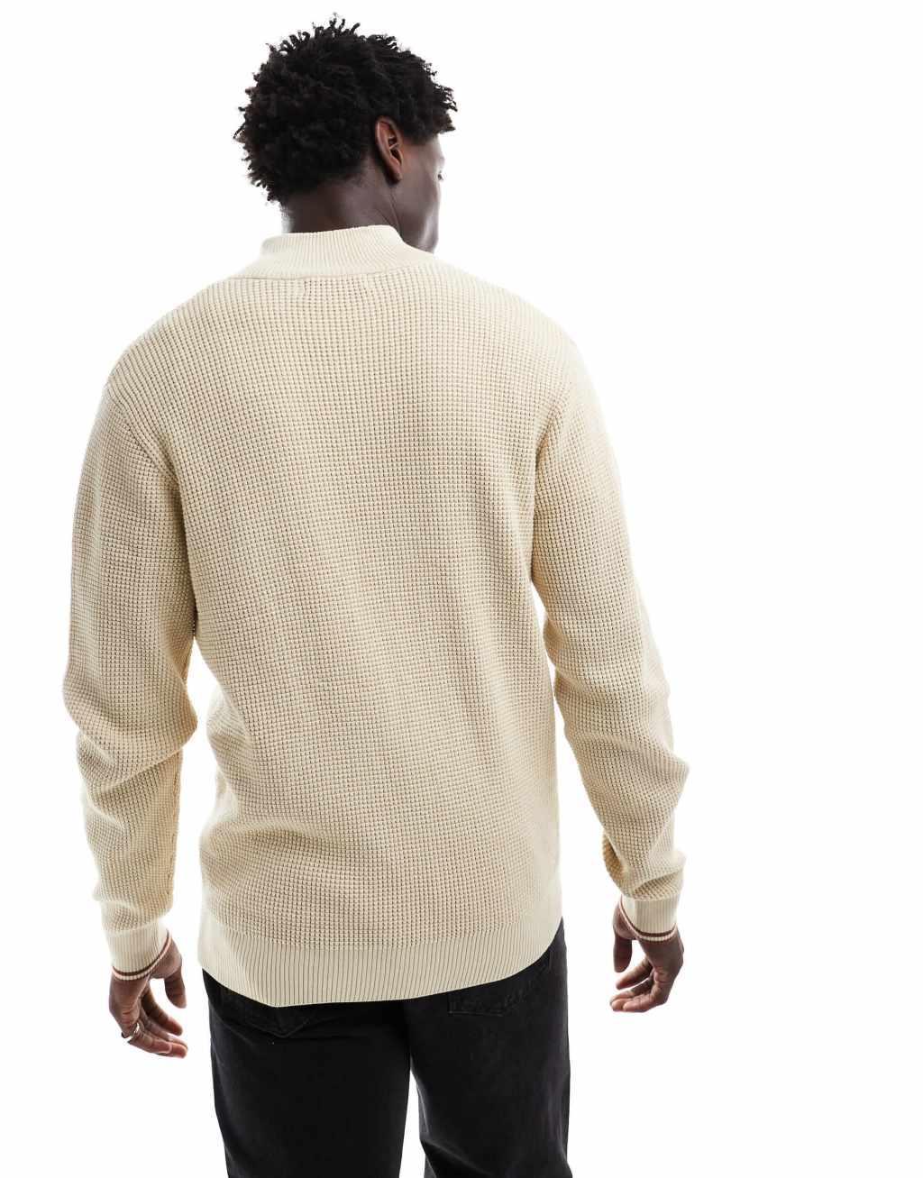 Fred Perry waffle stitch knit half zip sweater in light beige Product Image