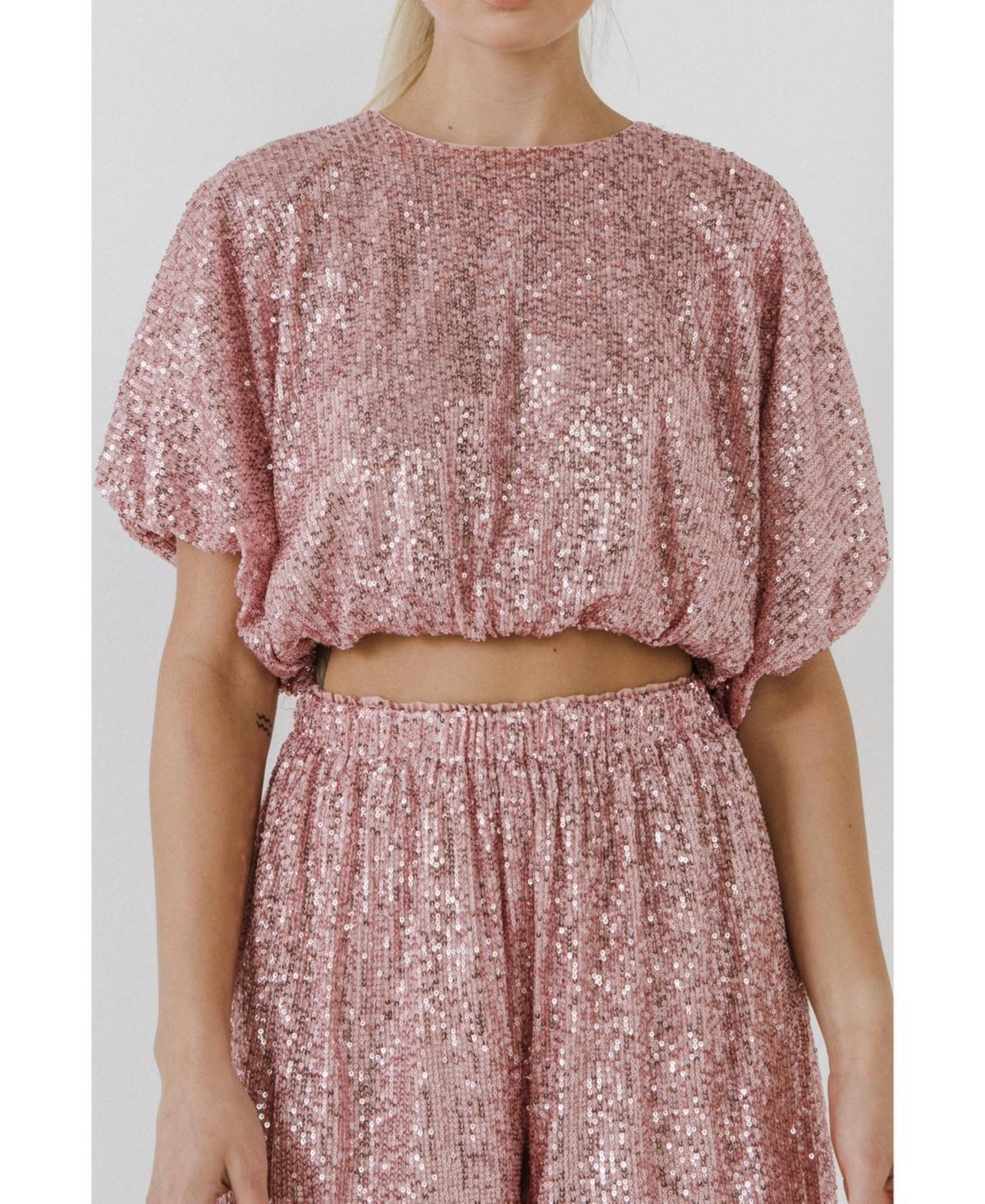 endless rose Womens Sequins Cropped Puff Top Product Image