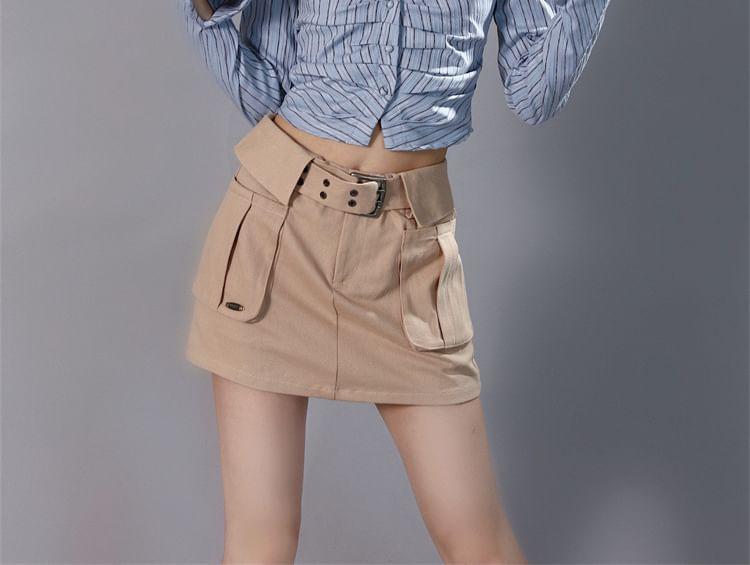 Long Sleeve Off-Shoulder Striped Slim-Fit Crop Top / High Waist Pocket Mini A-Line Skirt Product Image