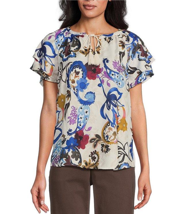 Allison Daley Petite Size Paisley Print Short Flutter Sleeve Tie Neck Yoryu Blouse Product Image