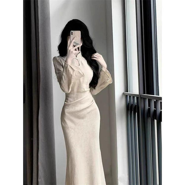 Long Sleeve Mandarin Collar Plain Keyhole Maxi Mermaid Dress Product Image