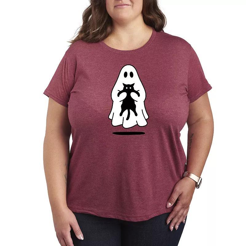 Plus Size Ghost Holding Black Cat Graphic Tee, Womens Product Image