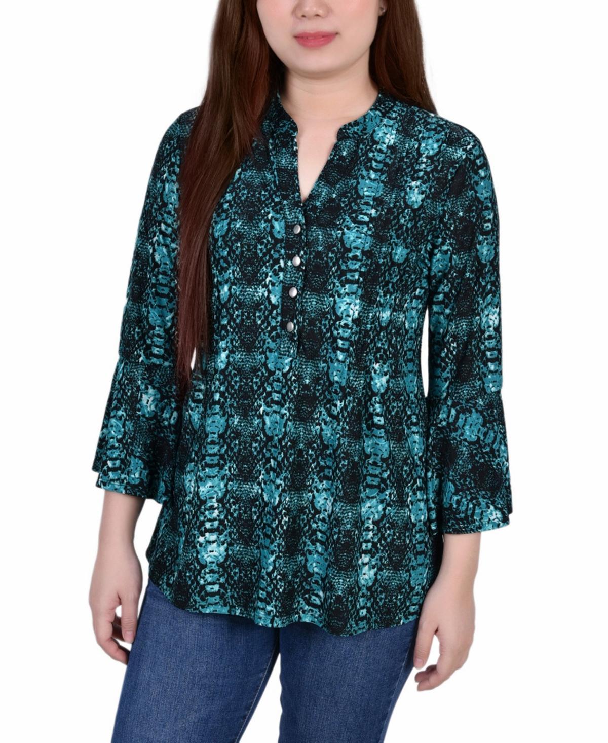 Ny Collection Petite 3/4 Bell Sleeve Printed Pleat Front Y-neck Top Product Image