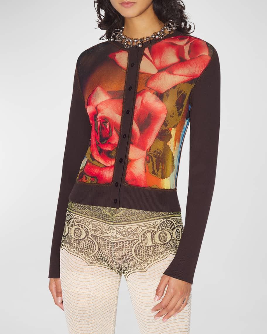 Roses-Print Long-Sleeve Crewneck Cardigan Product Image