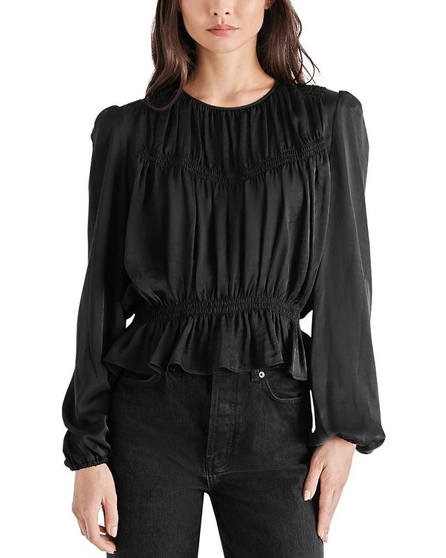 Steve Madden Womens Pyper Washed-Satin Shirred-Yoke Peplum Top Product Image